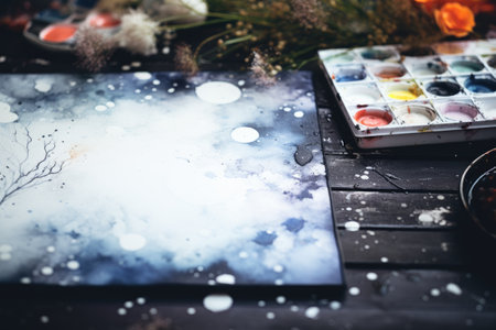 Watercolor paints and brushes on a black wooden table. Art conceptの素材