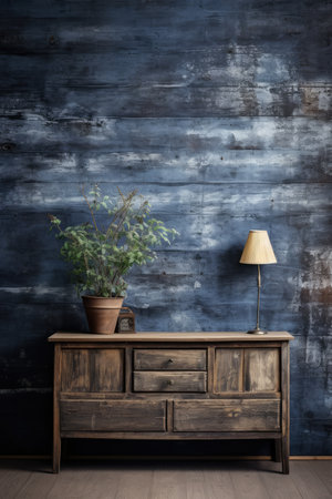 Vintage wooden chest of drawers in front of a blue wallの素材