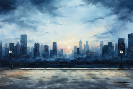 Cityscape with skyscrapers and street lamps in foggy morningの素材