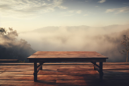 Wood Table Top Background in the Morning Sunlight and Foggy Forestの素材