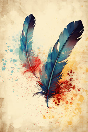 Blue and red feathers on grunge background with watercolor splashesの素材