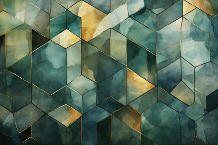 Grunge abstract background with golden and blue hexagons.の素材