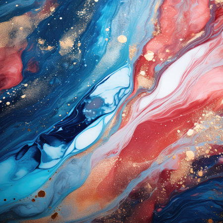 Abstract background with blue, red and golden paint. Liquid marble pattern.の素材