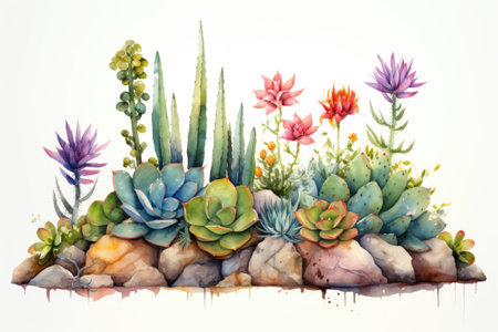 Succulents and cacti painted in watercolor.の素材