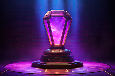 a glowing purple trophy on a brick wall backgroundの素材
