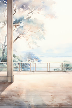 Wooden terrace with a view of the sea.の素材