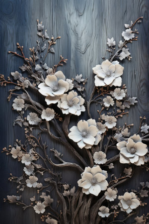 Decorative branches with white flowers on a dark blue wooden background.の素材