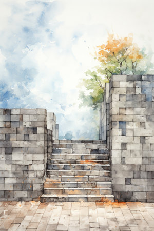 Watercolor stone stairway leading up to the skyの素材