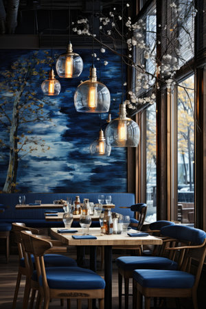 Beautiful interior of modern cafe with blue chairs and tableの素材