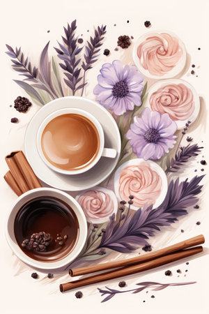 Coffee cup with flowers and cinnamon sticks on a white backgroundの素材