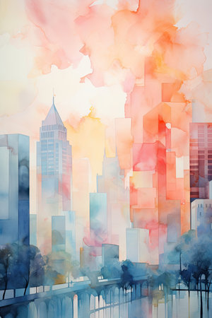 Abstract watercolor cityscape with skyscrapers.の素材
