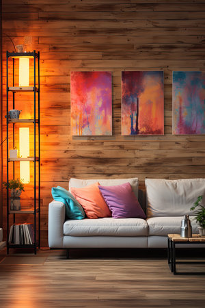 Interior of modern living room with wooden wall, sofa and lampの素材