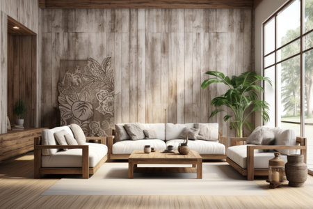Interior of modern living room with wooden wallの素材