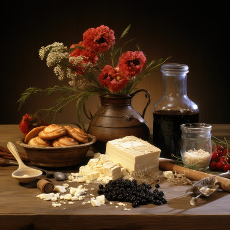 Still life with butter, crackers and flowers on a wooden tableの素材