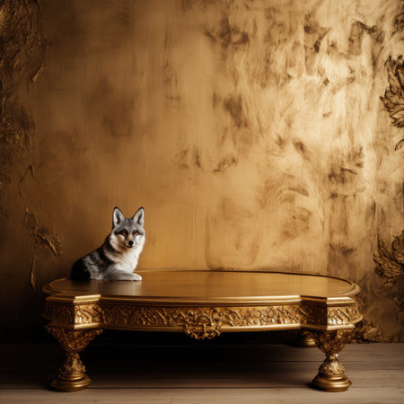 Portrait of a silver and white cat sitting on a golden vintage tableの素材