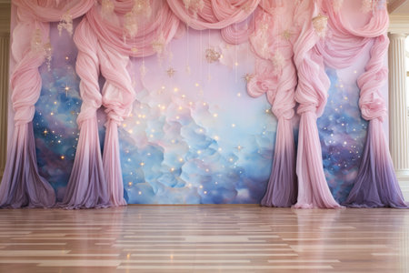 The interior of the room is decorated with pink curtains.の素材