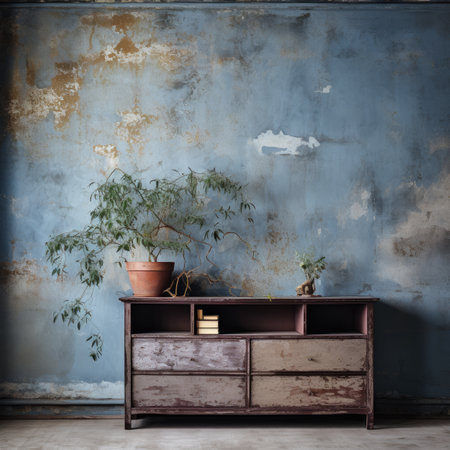 Wooden chest of drawers with plant in vase on grunge wall backgroundの素材