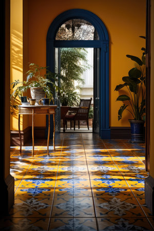 Interior of a cafe with a blue door and a wooden tableの素材