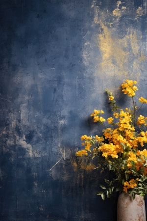 yellow flowers in vase on blue grunge backgroundの素材