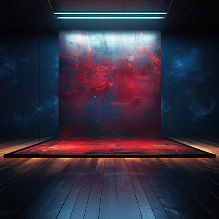 a dark room with a red carpet and a red wallの素材
