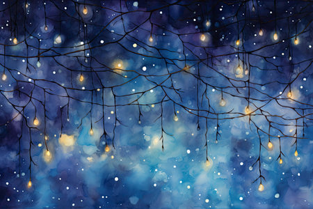 Watercolor Christmas background with lights and snowflakes.の素材