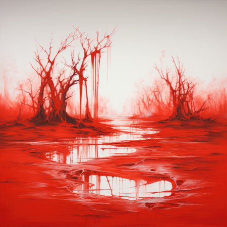 Dead trees in the forest with a reflection in the water. Red background.の素材