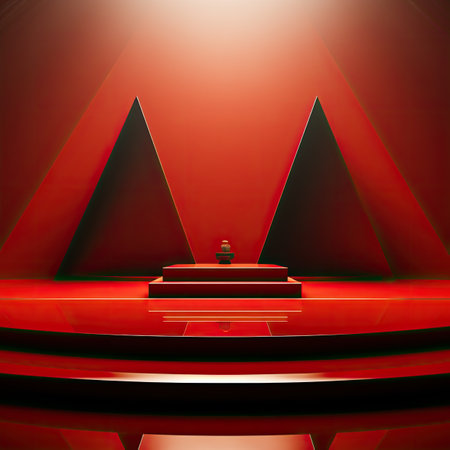 Abstract red background with podium and trees.の素材