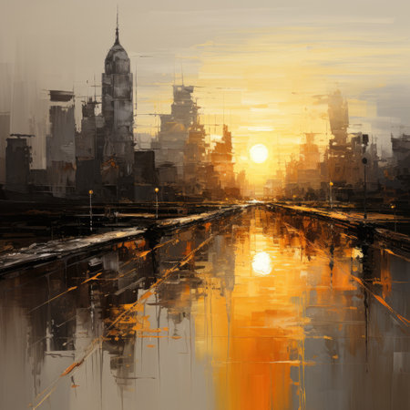 abstract scene of the city with reflection in the water at sunsetの素材