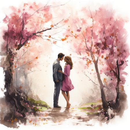 Watercolor Beautiful couple in love kissing in the park.の素材