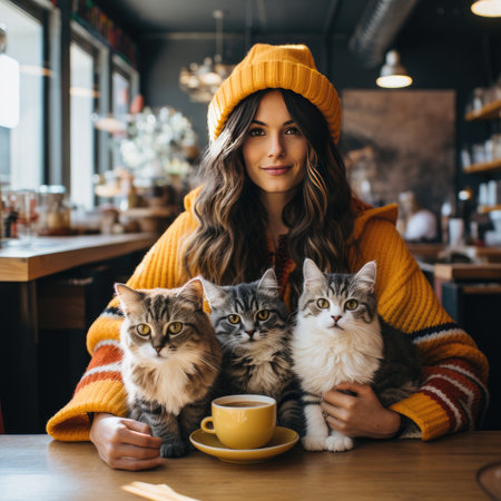 Beautiful young woman with three cats in a cafe. Girl in a warm sweater and a yellow hat.の素材