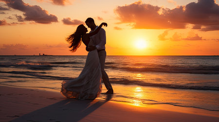Silhouette of a romantic couple dancing on the beach at sunsetの素材