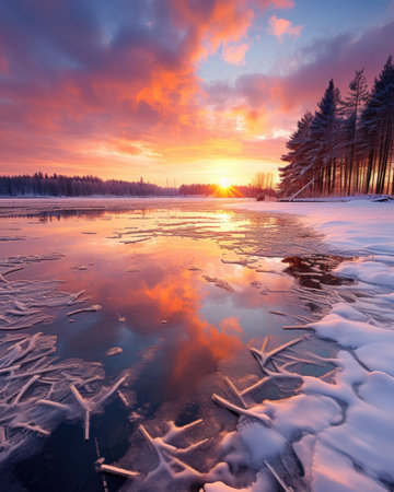 Frozen lake at sunset. Beautiful winter landscape with frozen lake.の素材