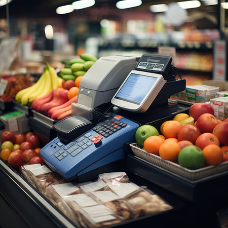 Payment terminal with credit card in supermarket. Supermarket cashier.の素材