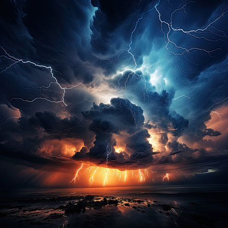 Dramatic stormy sky with lightning over the sea.の素材