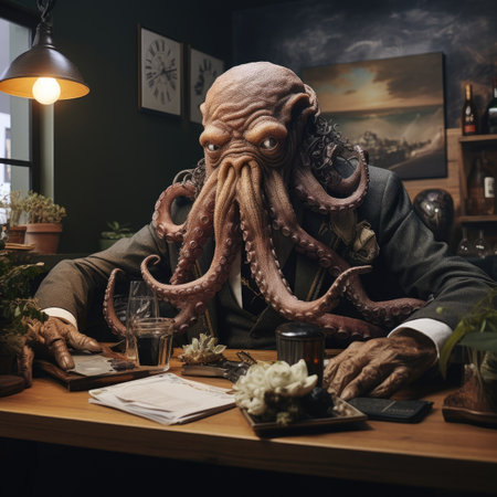 Portrait of a man with a giant octopus in a restaurantの素材