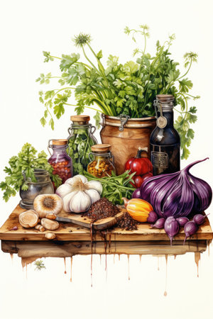 still life with fresh herbs, spices and vegetables on a white backgroundの素材