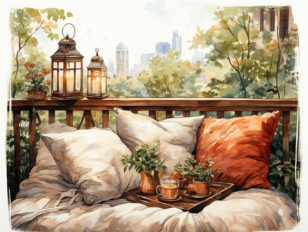 Illustration of a cozy terrace with a view of the cityの素材