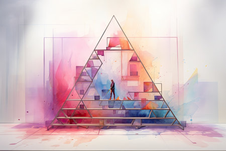 Man standing in front of a pyramid in a modern room with colorful watercolor backgroundの素材