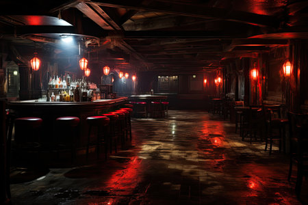 Interior of a night club with red lights and a bar counterの素材