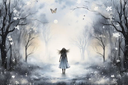 a girl in a winter forest with flying butterfliesの素材