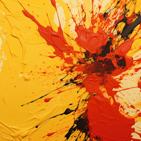 Abstract background made of red, orange and yellow paint splashes.の素材