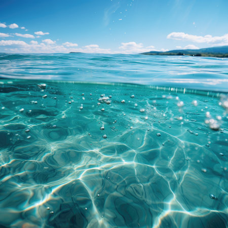 Underwater view of sea surface with waves and blue sky background.の素材