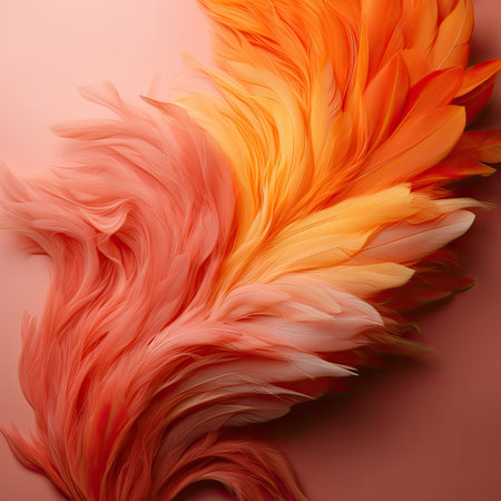 Colorful feathers on pink background. Flat lay, top view.の素材