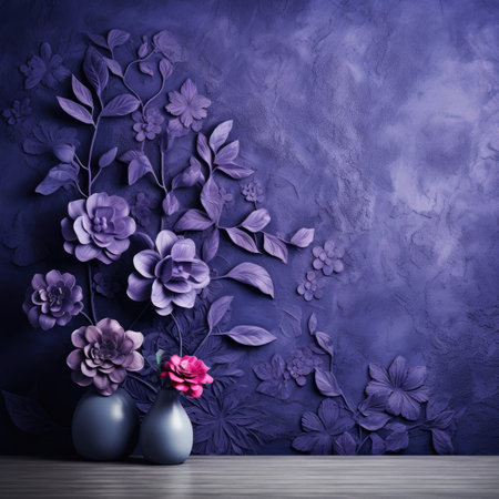 Purple flowers in vase on dark blue wall background.の素材