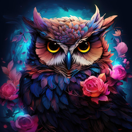 Beautiful owl with flowers on a dark background.の素材