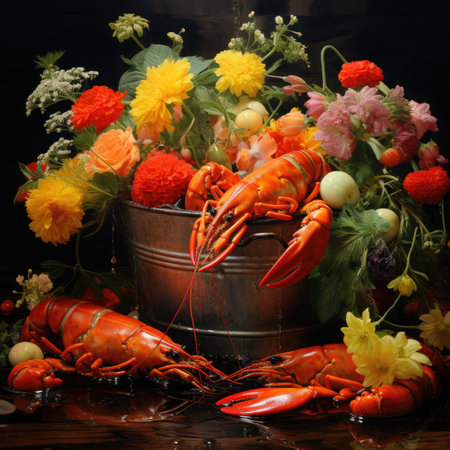 boiled crayfish in a bucket with flowers on a black backgroundの素材