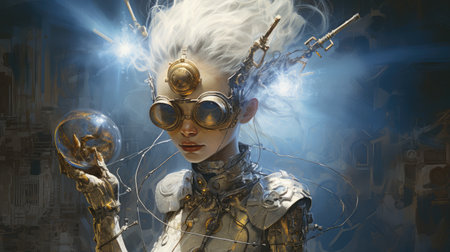 a female cyborg with glasses and magic wandの素材