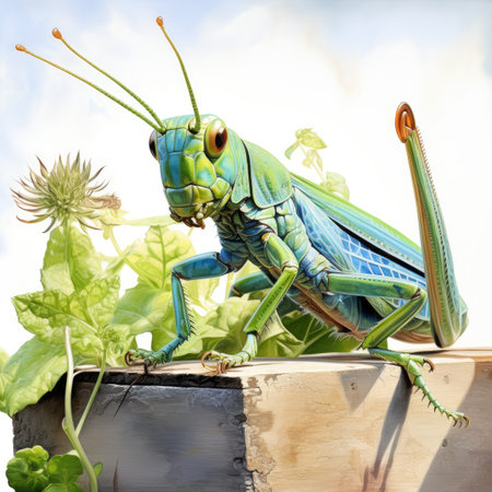 Grasshopper sitting on a piece of wood with green plants