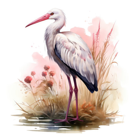 Watercolor white stork on a background of wild flowersの素材