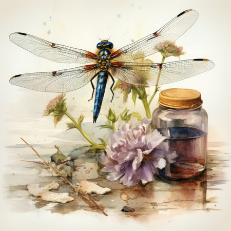 Dragonfly and flower on watercolor background.の素材